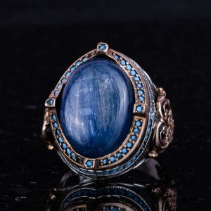 925 Ayar Gümüş Yüzük, Doğal Kyanit Taşı ile El Yapımı Erkek Yüzük, Vintage Tasarım - Görsel 6
