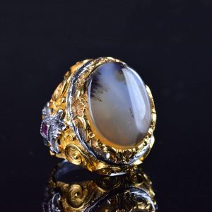 Gerçek Doğal Yemeni Akik Taşı Yüzük, El Yapımı Sultan Yüzük, 925 Ayar Gümüş Altın Kaplama Erkek Yüzüğü - Görsel 5