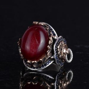 Doğal Cabochon Yakut Taşlı Yüzük, El Yapımı Aslan Başlı Erkek Yüzüğü - 925 Ayar Katı Gümüş Yüzük - Görsel 6