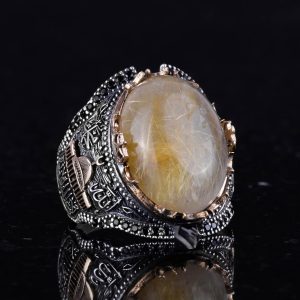 Doğal Cabochon Altın Rutilli Kuvars Taşı Camisi Yüzüğü, 925 Ayar Katı Gümüş Erkek Yüzüğü - Görsel 3