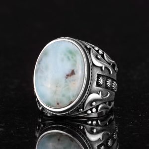 El Yapımı Doğal Larimar Taşlı Yüzük, 925K Katı Gümüş Erkek Yüzüğü, Okyanus Sakinliği Tasarımı - Görsel 6