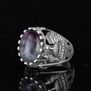 Gerçek Doğal Florit Taş Yüzük, Dini Gümüş Yüzük, 925 Ayar Gümüş Yüzük Erkekler İçin - Görsel 5