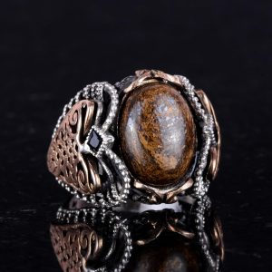 El Yapımı Gerçek Doğal Bronzit Taş Yüzük, 925 Ayar Katı Gümüş Erkek Yüzüğü - Görsel 6
