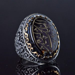 El Yapımı İslami Hat Sanatı Yüzük, Gerçek Ametist Taşı, 925 Ayar Gümüş Erkek Yüzük - Görsel 3