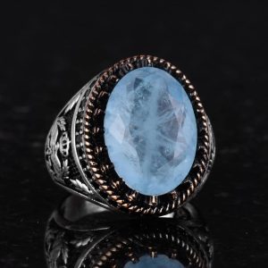 925 Ayar Gümüş Yüzük, Yapay Taş Yüzük, Kartal Sembolü Yüzük, El Yapımı Yüzük (Yapay açık mavi paraiba) - Görsel 4