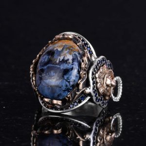 925 Ayar Saf Gümüş Yüzük, Aslan Sembolü Yüzük, Doğal Pietersite Taşı Yüzük - Görsel 5