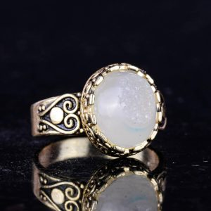 925 Ayar Gümüş Yüzük, Gerçek Doğal Druzy Kuvars Taşı ile Kaplama, El Yapımı Kadın Yüzük (Beyaz) - Görsel 5