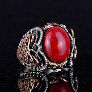 Gerçek Doğal Mercan Taşı Yüzük, 925 Ayar Gümüş Yüzük Erkekler için, Oval Kırmızı Mercan Yüzük - Görsel 3