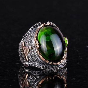 925 Ayar Gümüş İslami Erkek Yüzük, Yapay Peridot Yeşil Taşı Yüzük - Görsel 5