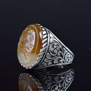 Gerçek Doğal Yemen Ametist Taşı Yüzük, 925 Ayar Gümüş Erkek İslami Yüzük, El Yapımı Hat Sanatı Tasarımı - Görsel 6