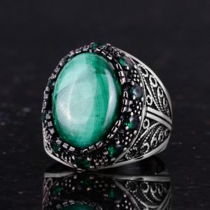 Gerçek Doğal Malakit Taşı Yüzük - 925 Ayar Gümüş El Yapımı Erkek Takısı - Görsel 6