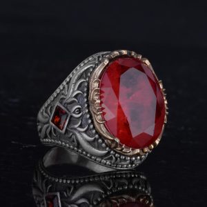 Yapay Taş Yüzük - El Yapımı Erkek Yüzüğü - Zarif 925 Ayar Gümüş Erkek Takısı (Yapılmış Kırmızı Paraiba) - Görsel 5