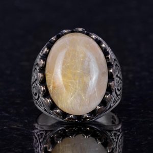 925 Ayar Katı Gümüş Erkek Yüzük - Doğal Taşlarla El Yapımı Zarafet (Altın Rutilatlı Kuvars Taşı) - Görsel 2