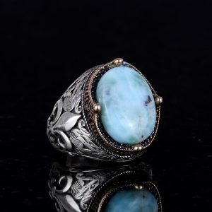 925K Ayar Gümüş El Yapımı Erkek Yüzük - Çeşitli Doğal Taşlarla (Larimar) Mevcut - Görsel 5