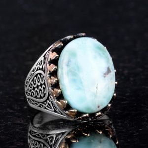 925 Ayar Katı Gümüş Erkek Yüzük - Doğal Larimar Taşı ile El Yapımı Zarafet - Görsel 3