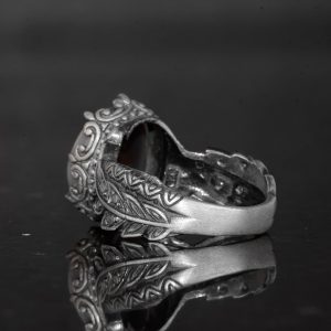 El Yapımı 925 Ayar Gümüş Erkek Yüzük Doğal Opal Taşı - Yaprak Desenli İfadeli Yüzük (Stil-2) - Görsel 7