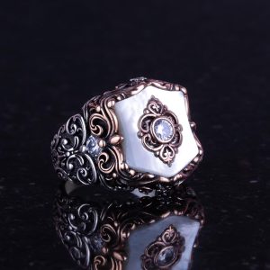 Gerçek Doğal İncili Taş Yüzük, El Yapımı Vintage Tasarım, 925 Ayar Gümüş Erkek Yüzüğü - Görsel 5