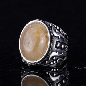 Doğal Cabochon Altın Rutilatlı Kuvars Taşlı Yüzük, Tasarım Gümüş Erkek Yüzüğü, 925 Ayar Sert Gümüş Erkek Yüzüğü - Görsel 6
