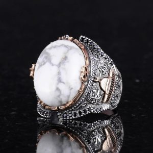 İslami Camii Doğal Howlite Taşlı Erkek Yüzük, 925 Ayar Gümüş Yüzük - Görsel 5