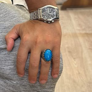 925 Ayar Gümüş Yüzük - Gül Desenli Yüzük - Erkekler için Oluşturulmuş Taş Yüzük (Oluşturulmuş Turkuaz) - Görsel 3