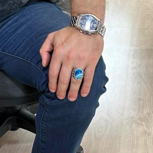 Doğal Mavi Ateş Kehribar Taşlı Yüzük, 925 Ayar Gümüş Yüzük Erkekler İçin, Tasarım Gümüş Erkek Yüzüğü - Görsel 3