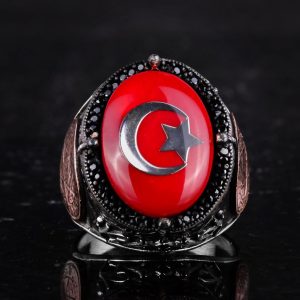 Yıldız ve Hilal Desenli Yüzük - El Yapımı Yüzük - 925 Ayar Gümüş Erkek Yüzüğü - Görsel 4