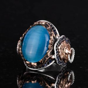 925 Ayar Gümüş Erkek Yüzük - Açık Mavi Kedi Göz Taşı - Aslan Sembolü El Yapımı Yüzük - Görsel 6