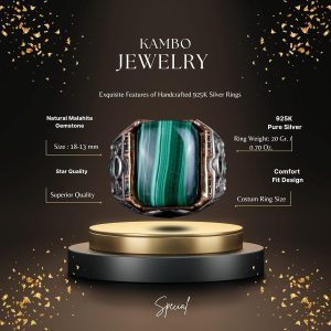 925 Ayar Gümüş Yüzük - Gerçek Doğal Taş Yüzük - El Yapımı Yüzük (Malakit) - Görsel 2