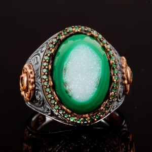 Gerçek Doğal Drusy Kristal Kuvars Taşı Erkek Yüzüğü, Vintage Yüzük, 925 Ayar Gümüş Yüzük - Görsel 6