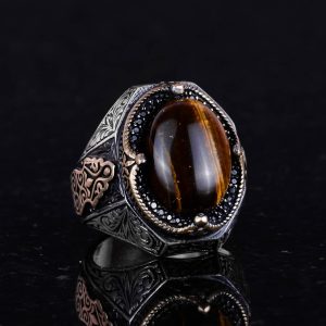 El Yapımı Cabochon Kaplan Gözlü Taş Yüzük - 925K Katı Gümüş Erkek Yüzüğü - Cesur Tasarım - Görsel 4