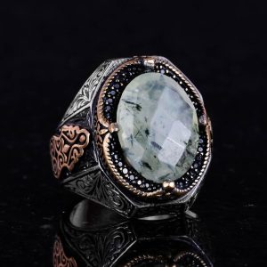 El Yapımı Prehnit Yeşim Taşı Yüzük - Şifa Veren 925 Ayar Gümüş Erkek Yüzüğü - Huzur ve İçgörü Tasarımı - Görsel 6