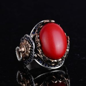 Kırmızı Mercan Taşı Yüzük, 925 Ayar Gümüş Erkek Yüzüğü, Aslan Sembolü Yüzüğü, Hayvan Gümüş Yüzüğü - Görsel 4