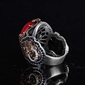 Kırmızı Mercan Taşı Yüzük, 925 Ayar Gümüş Erkek Yüzüğü, Aslan Sembolü Yüzüğü, Hayvan Gümüş Yüzüğü - Görsel 6