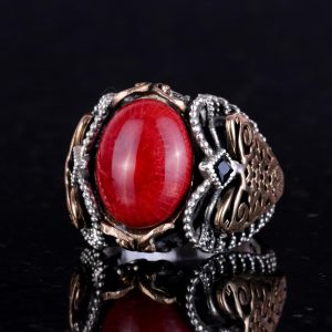 Gerçek Doğal Mercan Taşı Yüzük, 925 Ayar Gümüş Yüzük Erkekler için, Oval Kırmızı Mercan Yüzük - Görsel 4