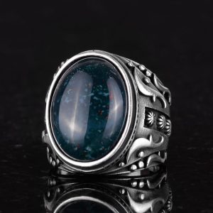 Doğal Yeşil Kan Taşı Yüzük, 925 Ayar Gümüş Yüzük, Tasarım Gümüş Erkek Yüzüğü - Görsel 5