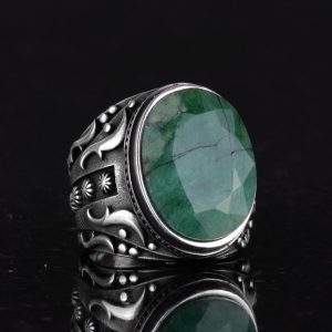 925K Saf Gümüş Erkek Yüzük, El Yapımı Doğal Zümrüt Taşlı Yüzük, Tasarım Gümüş Erkek Yüzük - Görsel 6