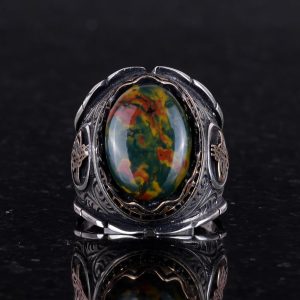 Osmanlı Tuğra Gümüş Yüzük, 925 Ayar Sterlin Gümüş Yüzük, Gerçek Doğal Yeşil Kan Taşı Yüzük Erkekler İçin - Görsel 3