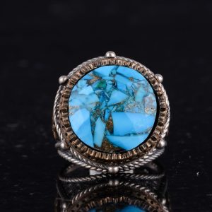 Gerçek Doğal Turkuaz Taşı ile Üretilmiş Gümüş Erkek Yüzük, Ayrıntılı Bronz Kaplama Aksamlar - Görsel 4