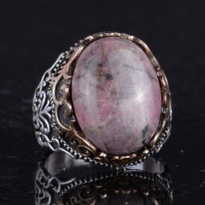 Gerçek Doğal Taş El Yapımı Yüzük - 925 Ayar Gümüş El Yapımı Yüzük - Şık Farklı Yüzük (Rodonit) - Görsel 5