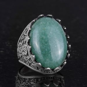 Gerçek Doğal Taş Yüzük - Gül Desenli Yüzük - 925 Ayar Gümüş Yüzük - El Yapımı Büyük Yüzük (Aventurin) - Görsel 5