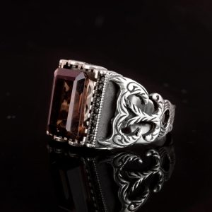 Gerçek Doğal Dumanlı Kuvars Taşı Yüzük, Gümüş Erkek Yüzüğü - Görsel 4