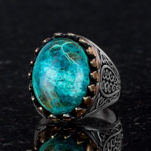 925K Katı Sterlin Gümüş Erkek Yüzüğü Doğal Taşlarla - El Yapımı Şıklık (Krisokolla Taşı) - Görsel 4