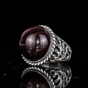 925 Ayar Gümüş Erkek Yüzük Doğal Yıldız Garnet Taşı - Nadir İşlenmemiş Garnet Kaboşon - Görsel 6