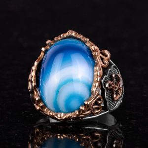 Gerçek Doğal Mavi Akik Taş Yüzük, Denizci Aksesuarlı Yüzük, 925 Ayar Gümüş Yüzük Erkekler İçin - Görsel 4