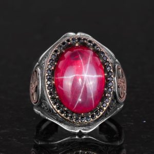 925 Ayar Katı Gümüş Erkek Yüzüğü Doğal Taşlarla - El Yapımı Şıklık (Yıldız Yakutu Taşı) - Görsel 2