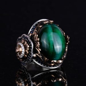 Aslan Sembolü Yüzük, Yeşil Kedi Gözü Taşlı Yüzük, 925 Ayar Gümüş Erkek Yüzük - Görsel 5