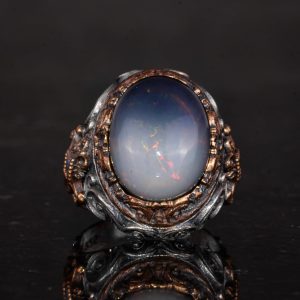 925 Ayar Gümüş Erkek Yüzük - Gerçek Oval Opal Taşlı - Desenli Erkek Yüzük - Görsel 4