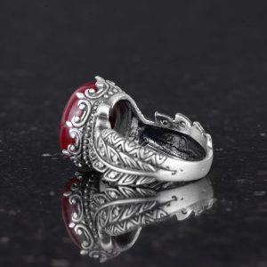 Gerçek Doğal Cabochon Yakut Taşlı Gümüş Kadın Yüzük, Vintage Bohem Tasarım - Görsel 6