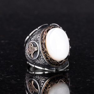 Osmanlı Tuğra Cabochon İnci Taş Yüzük, 925 Ayar Gümüş Yüzük Erkekler İçin, Farklı Yüzük - Görsel 5