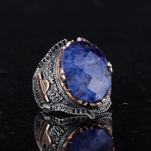 Kaaba Gümüş Yüzük, Doğal Sodalit Taşlı Yüzük Erkekler İçin, 925 Ayar Gümüş Yüzük - Görsel 4